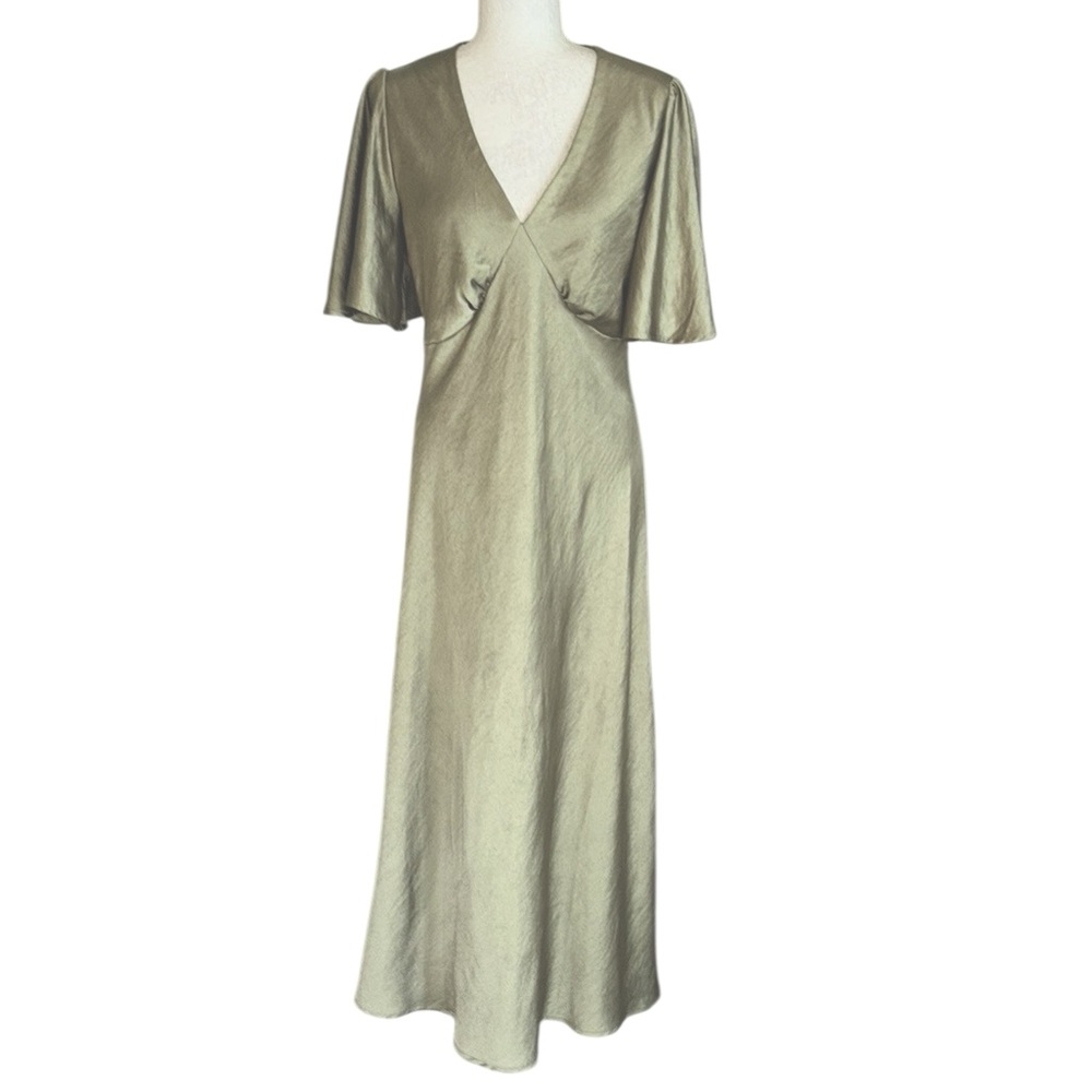 LN JOIE Sage Green Satin Flutter Sleeve V-Neck A-Line Maxi Dress - L